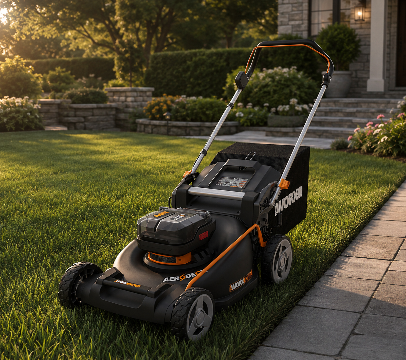 Battery-powered electric mower on a freshly cut lawn at golden hour